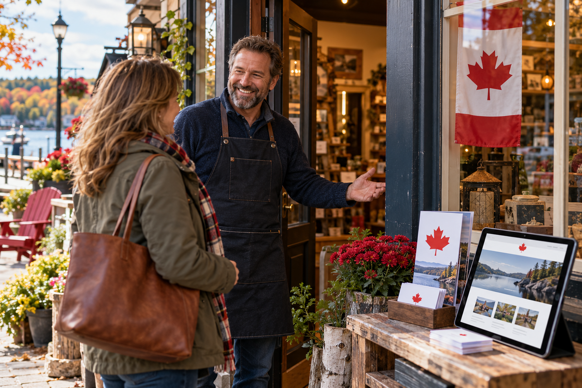 A customer visits a Muskoka storefront displaying a Canadian flag, with locally branded print pieces and a website visible nearby.