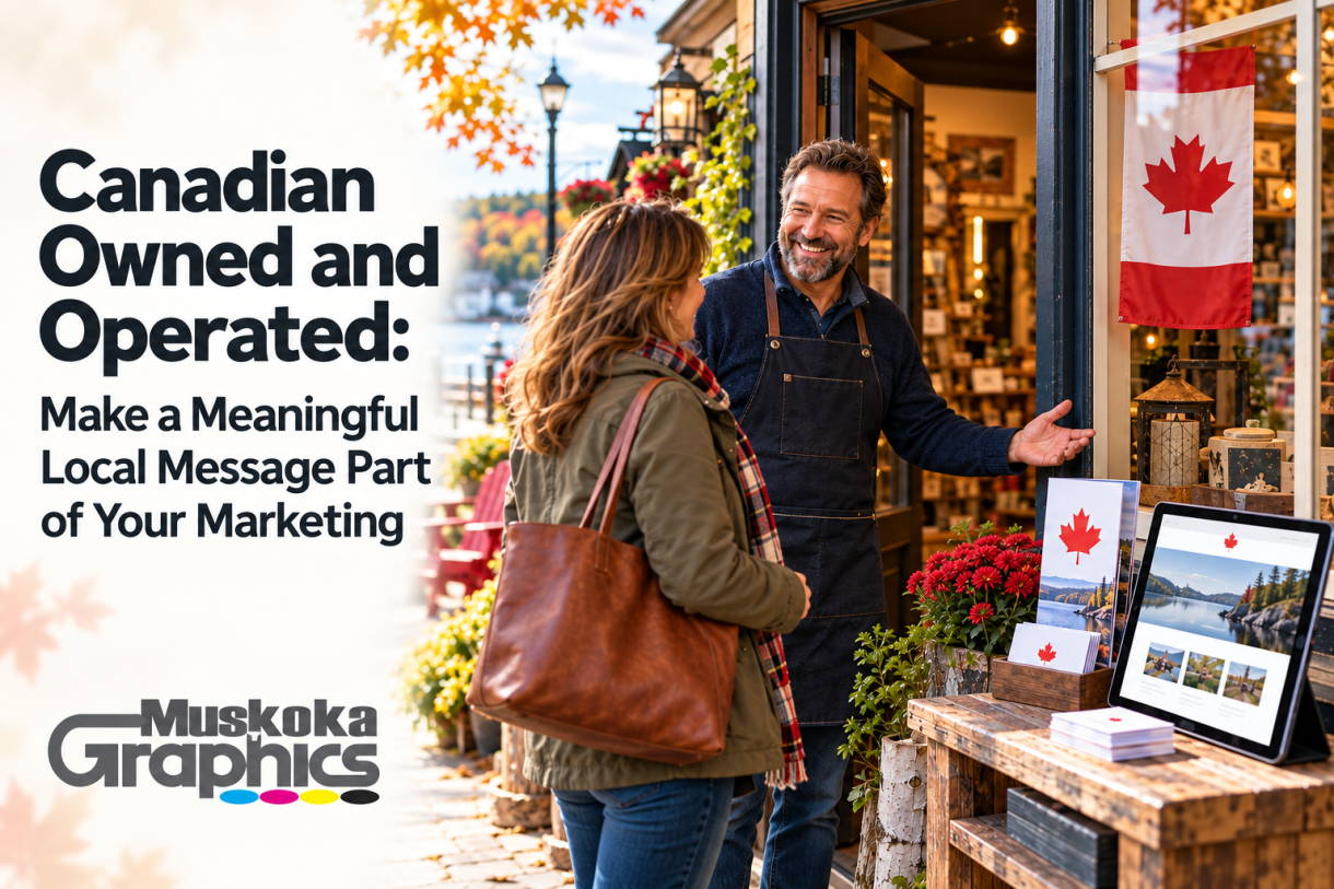 A customer visits a Muskoka storefront displaying a Canadian flag, with locally branded print pieces and a website visible nearby.