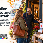 A customer visits a Muskoka storefront displaying a Canadian flag, with locally branded print pieces and a website visible nearby.
