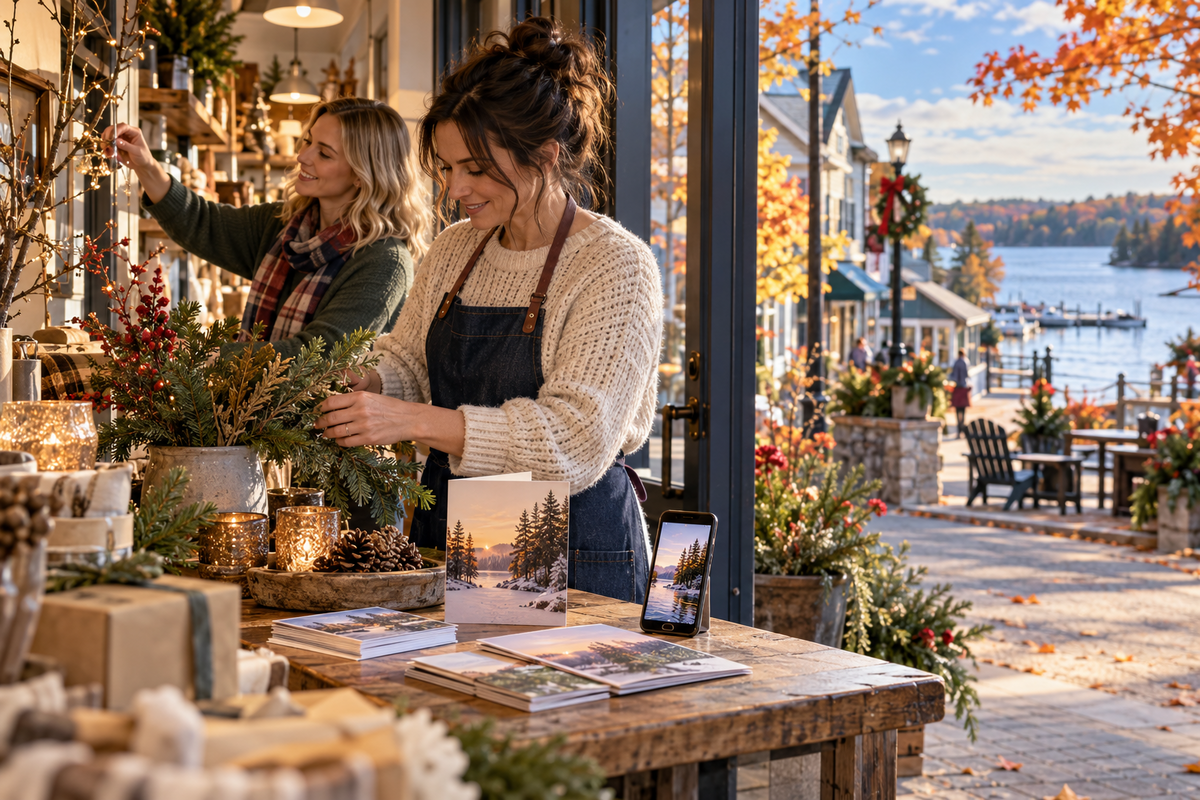 Local Muskoka shop owners prepare a seasonal display with coordinated printed cards and a digital promotion.