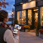 Small Muskoka business owner checks her website and renewal reminder outside her storefront at dusk.