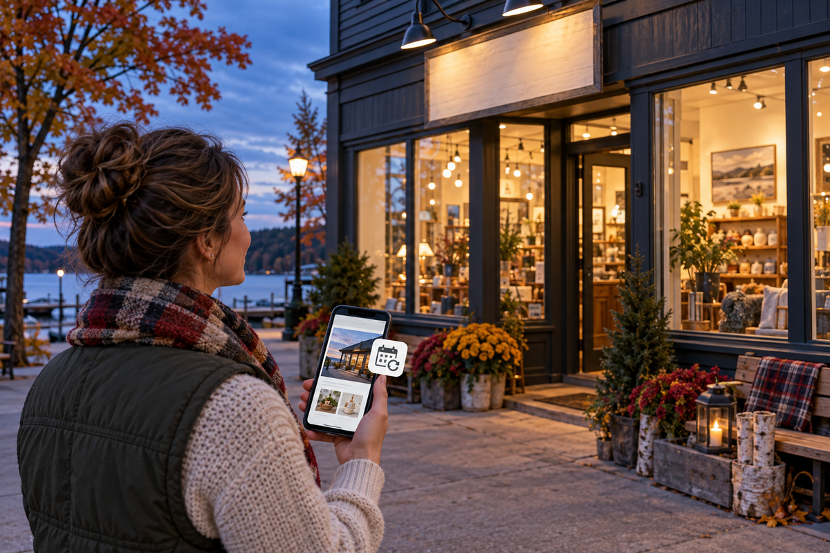 Small Muskoka business owner checks her website and renewal reminder outside her storefront at dusk.
