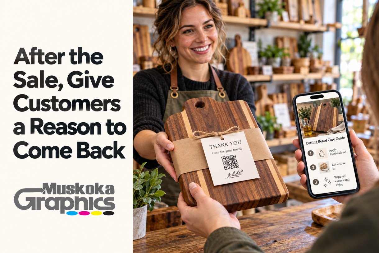 A shopkeeper hands a customer a wooden cutting board and care card while a phone shows the matching online care guide, with the blog title and Muskoka Graphics logo.