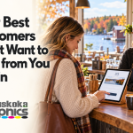 A customer chooses to sign up for updates at a welcoming Muskoka café counter.