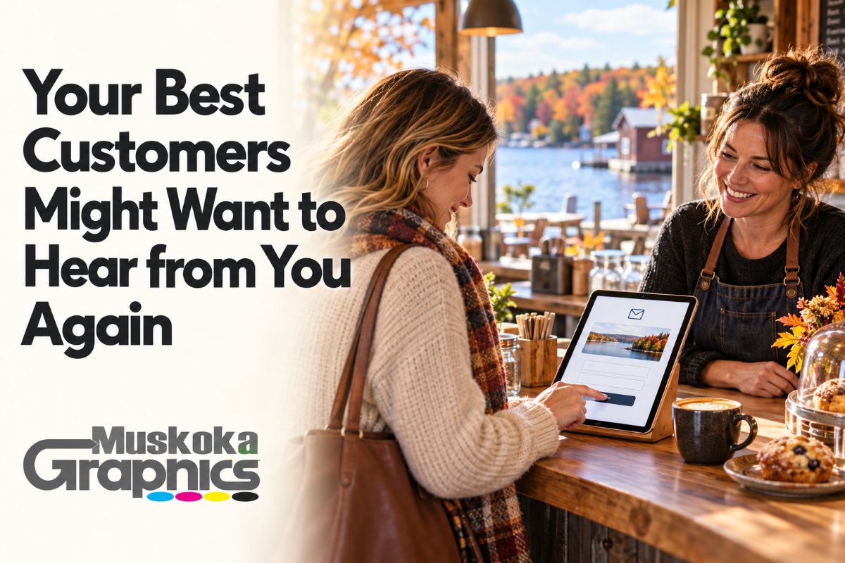 A customer chooses to sign up for updates at a welcoming Muskoka café counter.